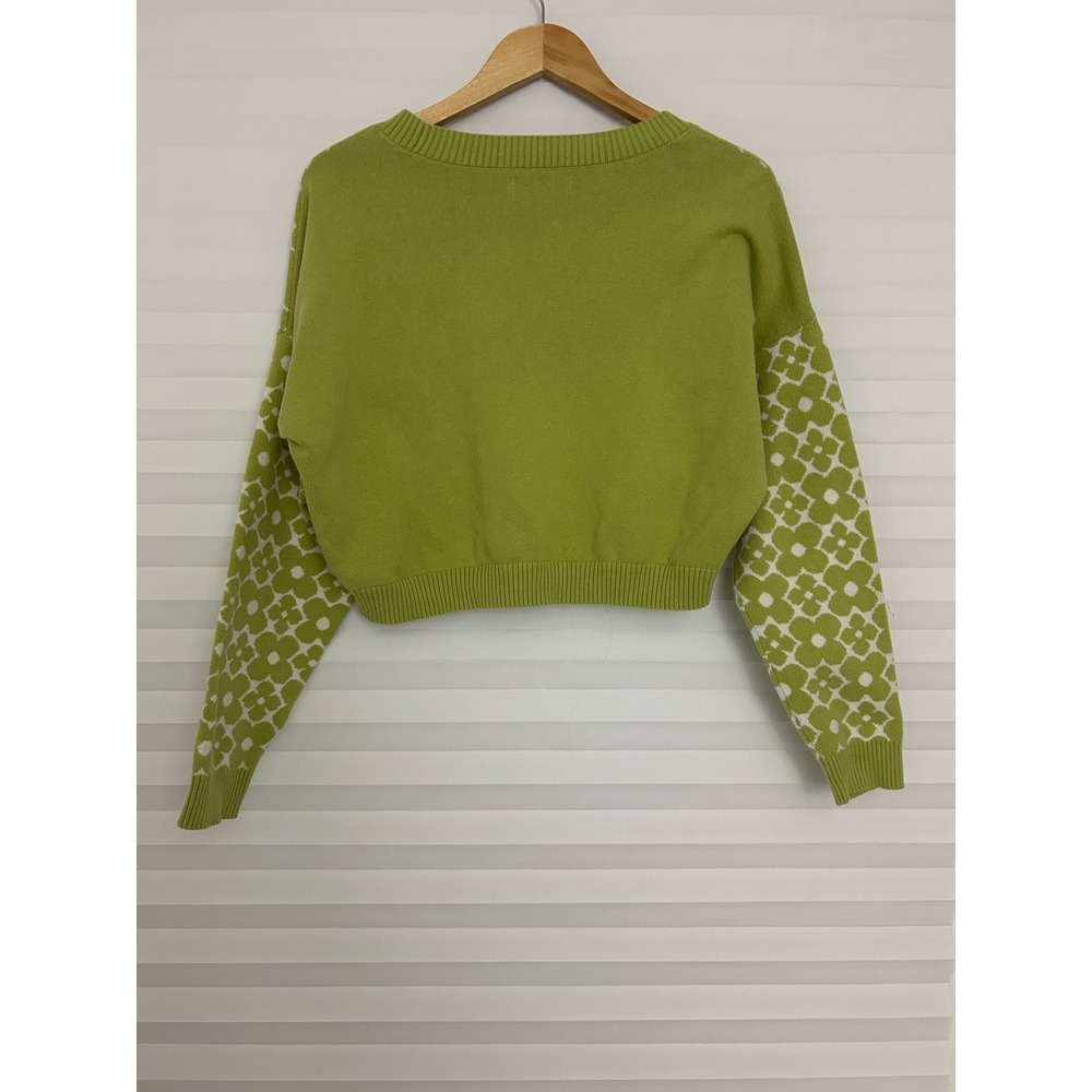 Hollister Green Floral Geometric Cropped Knit Sweater Womens Large 100% Cotton - Picture 2 of 7